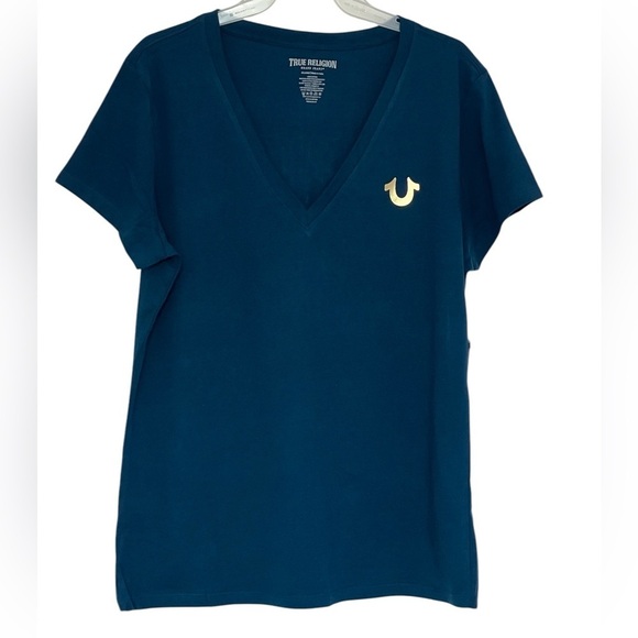 True Religion Tops - True Religion Blue/Dark Teal V-Neck T-Shirt with Gold Horse Shoe Size XXL